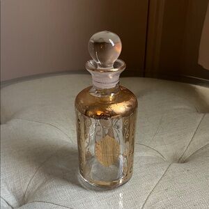 Vintage Elegant Clear and Gold Painted Glass Perfume Bottle Possibly Art Deco 7”